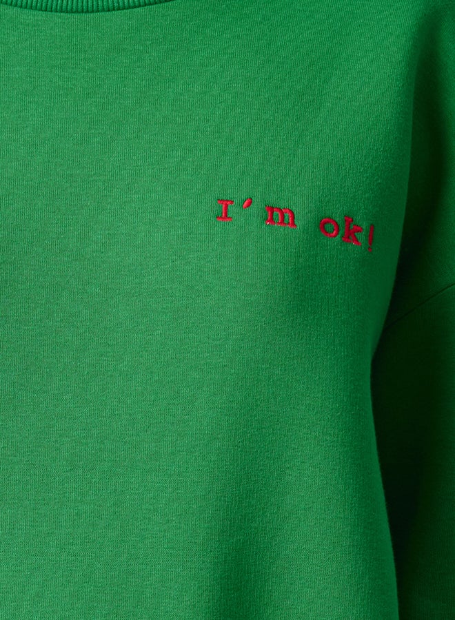 trendyol Green Thick Polar Fleece Regular/Normal Pattern Slogan Embroidered Knitted Sweatshirt TWOAW21SW1061 - Image 3