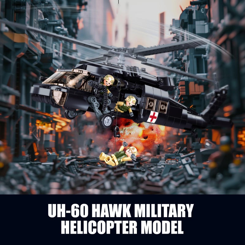 TOY PLAYER مجموعة بناء طائرة هليكوبتر UH-60 بلاك يوتيليتي للبالغين، متوافقة مع ليغو الجيش، نموذج طائرة هوك مع 4 شخصيات جنود، هدايا عيد ميلاد للأطفال من 8-14 سنة (692 قطعة) - Image 2