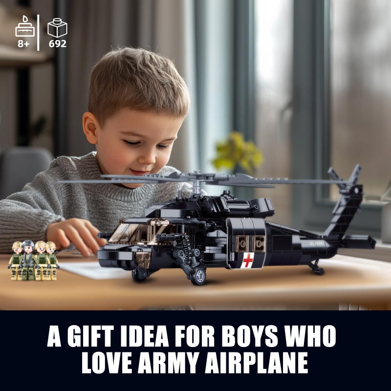 TOY PLAYER مجموعة بناء طائرة هليكوبتر UH-60 بلاك يوتيليتي للبالغين، متوافقة مع ليغو الجيش، نموذج طائرة هوك مع 4 شخصيات جنود، هدايا عيد ميلاد للأطفال من 8-14 سنة (692 قطعة) - Image 4