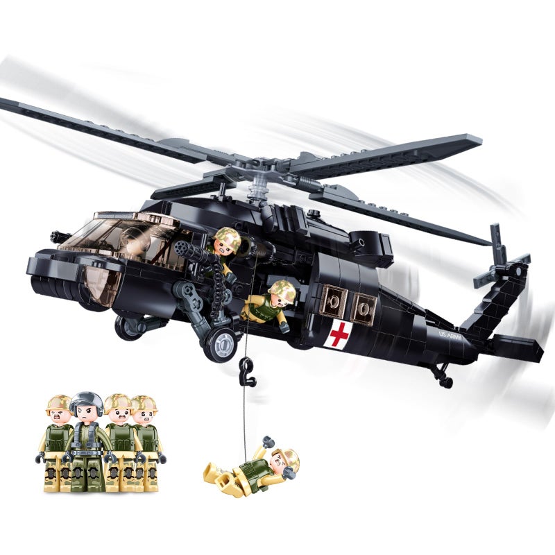 TOY PLAYER مجموعة بناء طائرة هليكوبتر UH-60 بلاك يوتيليتي للبالغين، متوافقة مع ليغو الجيش، نموذج طائرة هوك مع 4 شخصيات جنود، هدايا عيد ميلاد للأطفال من 8-14 سنة (692 قطعة) - Image 1