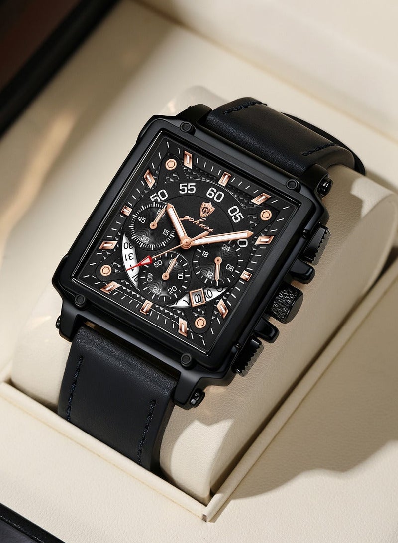 جوهوس ساعات مربعة للرجال حزام جلدي كرونوغراف ساعة عمل عصرية ساعة يد مضيئة مقاومة للماء - Image 3