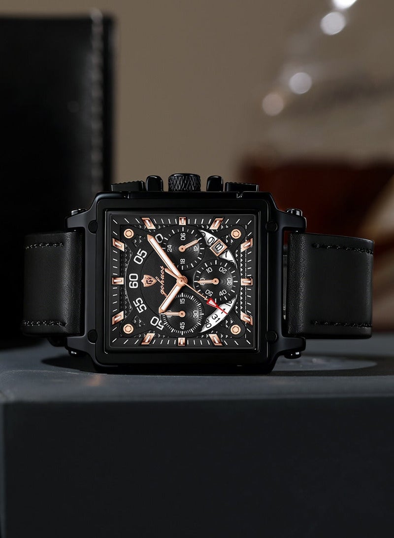 جوهوس ساعات مربعة للرجال حزام جلدي كرونوغراف ساعة عمل عصرية ساعة يد مضيئة مقاومة للماء - Image 5