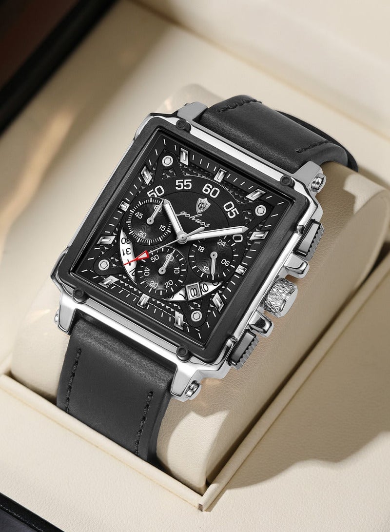 جوهوس ساعات مربعة للرجال حزام جلدي كرونوغراف ساعة عمل عصرية ساعة يد مضيئة مقاومة للماء - Image 2