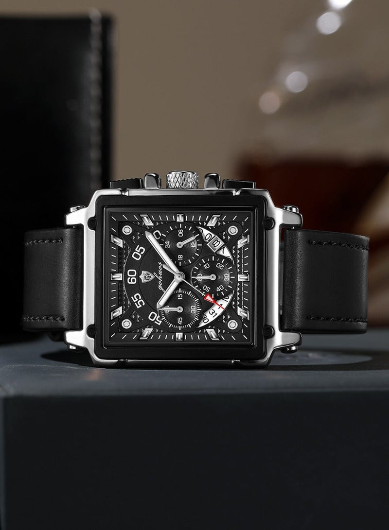 جوهوس ساعات مربعة للرجال حزام جلدي كرونوغراف ساعة عمل عصرية ساعة يد مضيئة مقاومة للماء - Image 4