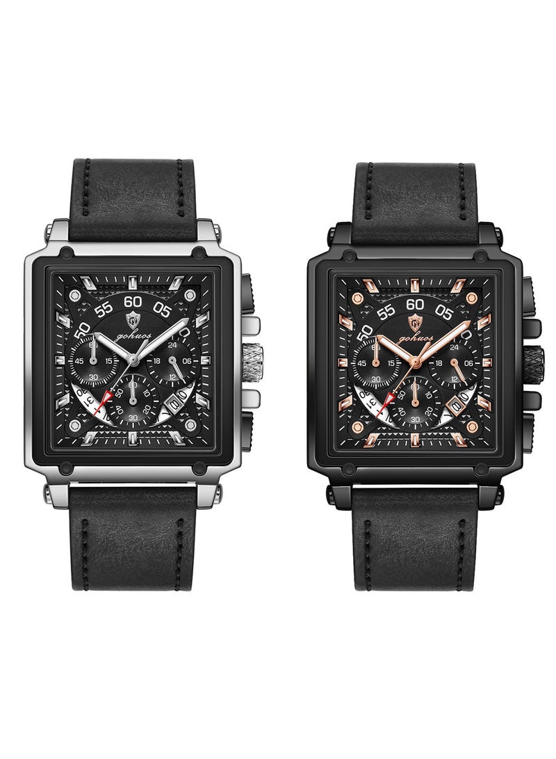 جوهوس ساعات مربعة للرجال حزام جلدي كرونوغراف ساعة عمل عصرية ساعة يد مضيئة مقاومة للماء - Image 1
