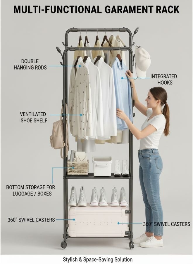 ZEESQUARE Heavy-Duty Metal Cloth Rack & Shoe Rack – Multifunctional Freestanding Organizer with Shelves and Hooks for Clothes, Shoes, Hats, and Handbags – Stylish Storage Solution for Bedroom, Bathroom, or Doorway - Image 3