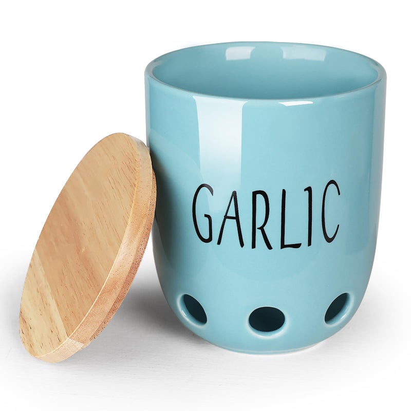 HAOTOP Ceramic Garlic Keeper for Counter, Garlic Saver Container with Wood Lid, Garlic Keeper for Kitchen, Garlic Holder to Keep Your Garlic Cloves Fresh Longer (Turquoise) - Image 1