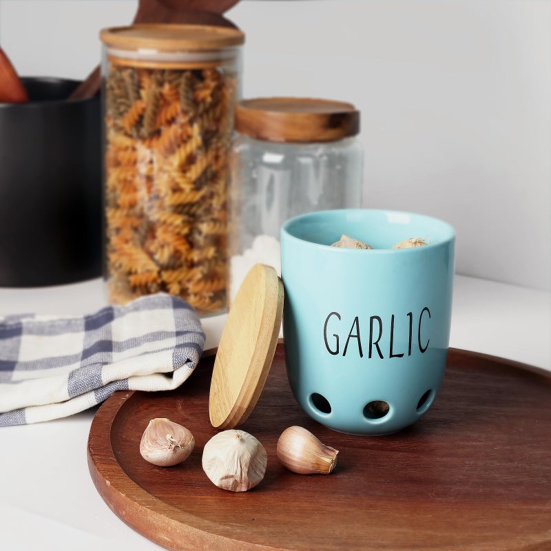 HAOTOP Ceramic Garlic Keeper for Counter, Garlic Saver Container with Wood Lid, Garlic Keeper for Kitchen, Garlic Holder to Keep Your Garlic Cloves Fresh Longer (Turquoise) - Image 5