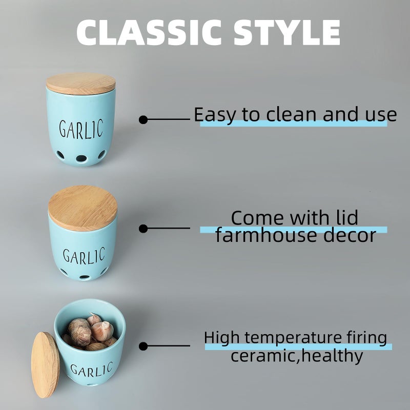 HAOTOP Ceramic Garlic Keeper for Counter, Garlic Saver Container with Wood Lid, Garlic Keeper for Kitchen, Garlic Holder to Keep Your Garlic Cloves Fresh Longer (Turquoise) - Image 4