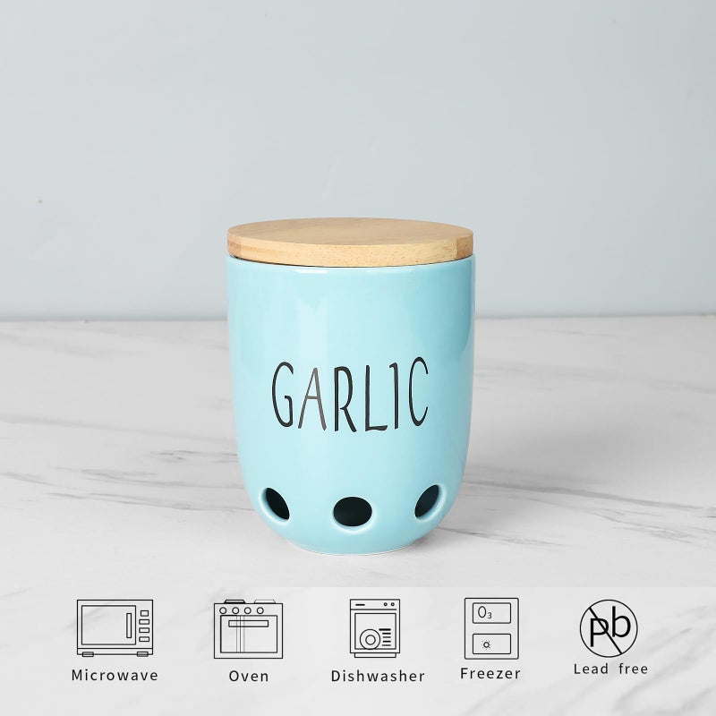HAOTOP Ceramic Garlic Keeper for Counter, Garlic Saver Container with Wood Lid, Garlic Keeper for Kitchen, Garlic Holder to Keep Your Garlic Cloves Fresh Longer (Turquoise) - Image 3