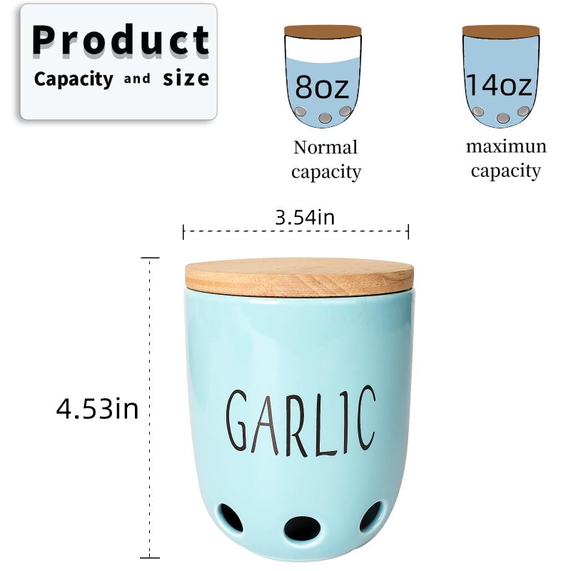 HAOTOP Ceramic Garlic Keeper for Counter, Garlic Saver Container with Wood Lid, Garlic Keeper for Kitchen, Garlic Holder to Keep Your Garlic Cloves Fresh Longer (Turquoise) - Image 2