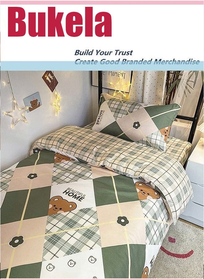 Bukela 3 Piece Set Cartoon College Style Print Design Kids Bedding Quilt Cover Sheet Pillowcase Set Cotton for Dormitory Single Bed Children's Bed for Boys Girls 150x200cm/ 59x78.7In - Image 1