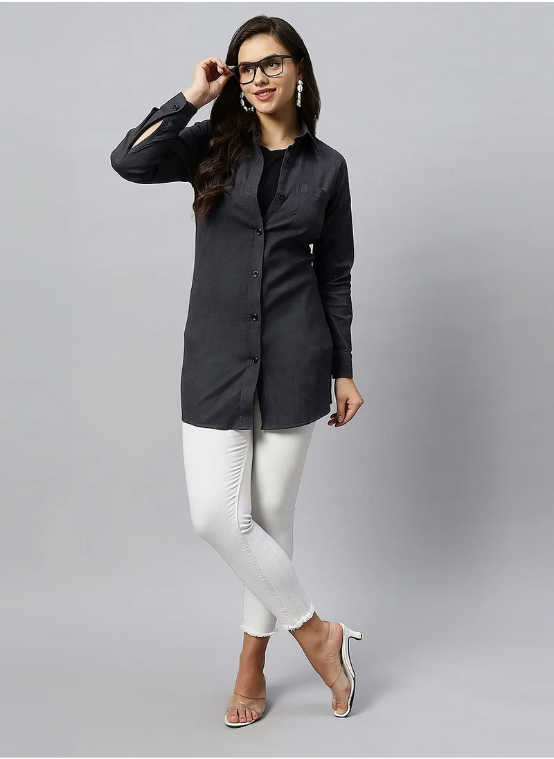 TUMMY Oversized Grey Cotton Shirt for Women, Solid Pattern, Spread Collar & with Drawstring