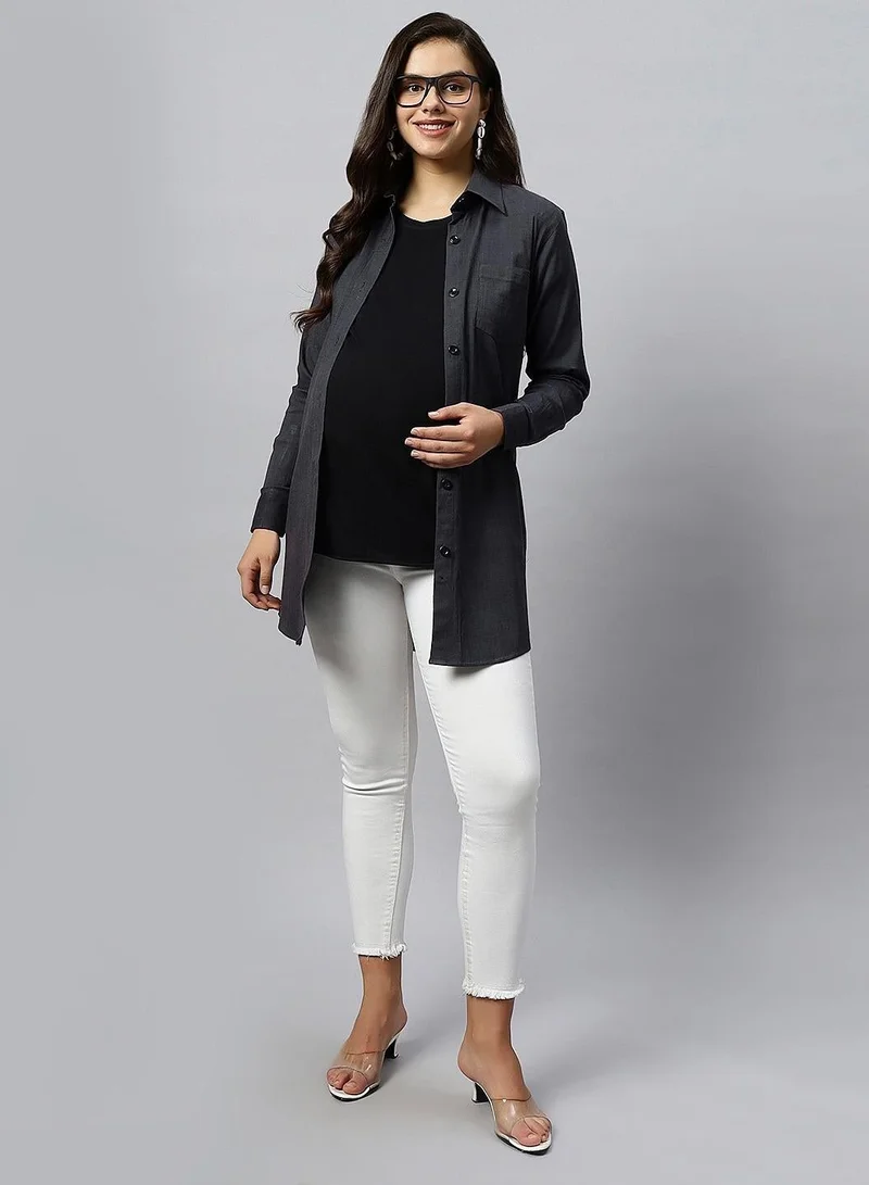 TUMMY Oversized Grey Cotton Shirt for Women, Solid Pattern, Spread Collar & with Drawstring