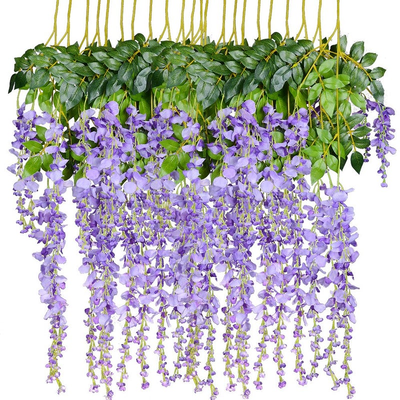 DearHouse 12 Pack 3.6 Feet Artificial Fake Wisteria Vine Ratta Hanging Garland Silk Flowers String Home Party Wedding Decor (Purple 2) - Image 1
