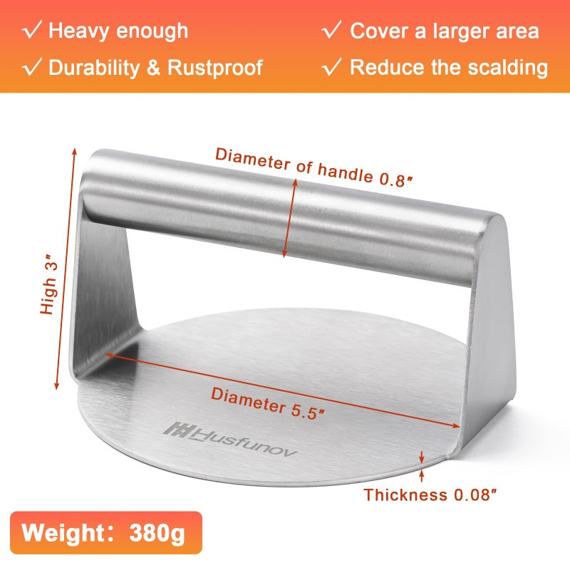 Husfunov Stainless Steel Burger Press, 5.5 Inch Round Smasher,Non-Stick Smooth Hamburger Press,Flat Bottom Without Ridges, for Cooking Burgers, Bacon, Ground Beef, Meats, Sausage and So On - Image 3