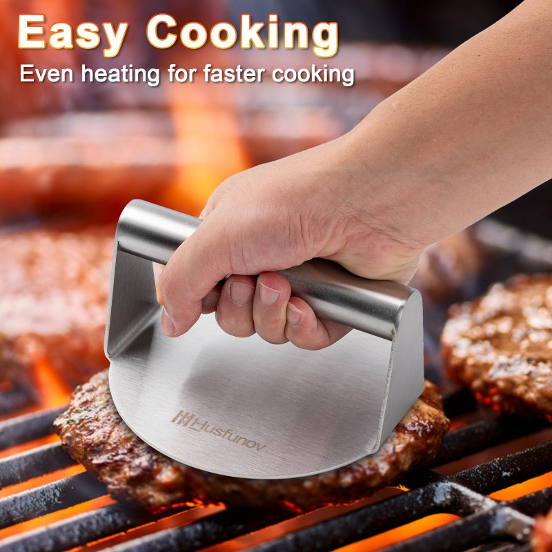 Husfunov Stainless Steel Burger Press, 5.5 Inch Round Smasher,Non-Stick Smooth Hamburger Press,Flat Bottom Without Ridges, for Cooking Burgers, Bacon, Ground Beef, Meats, Sausage and So On - Image 2