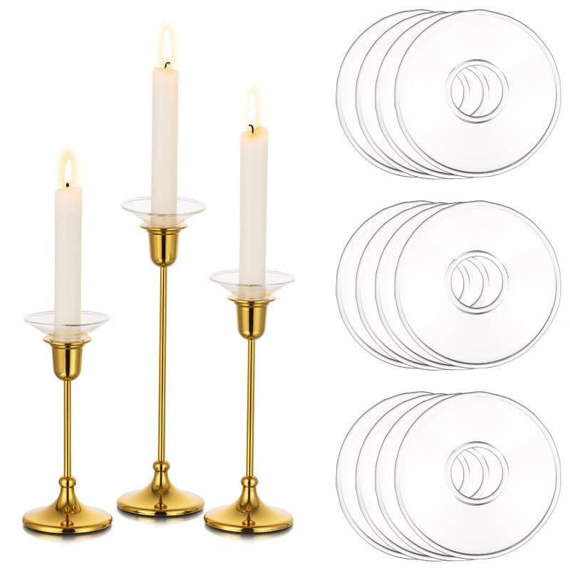 Glasseam Candle Drip Protectors for Candle Stick Candle Holder Clear Glass Bobeches for Candlesticks Set of 12 Round Wax Catchers for Candles Taper Candle Holders for Table Centerpiece Wedding