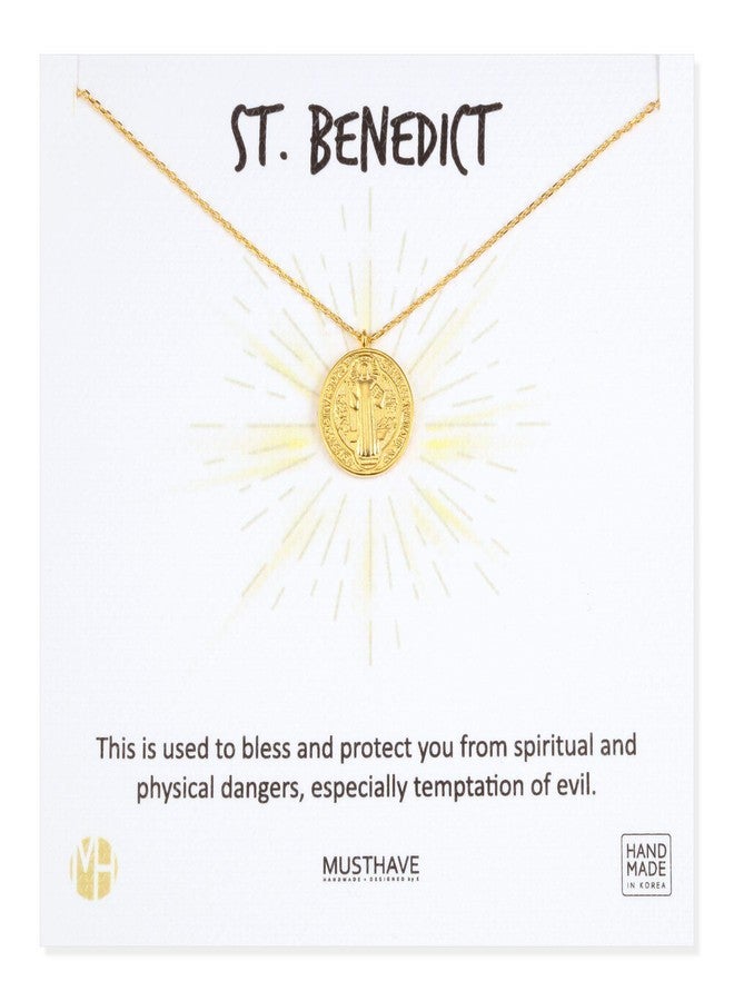 MUSTHAVE ST. Benedict Coin 18K Gold Plated Necklace with Message Card, Yellow and White Color, Anchor Chain, Best Gift Necklace, Size 16 inch + 2 inch Extender, ST. Benedict Coin Pendant Yellow Gold - Image 1