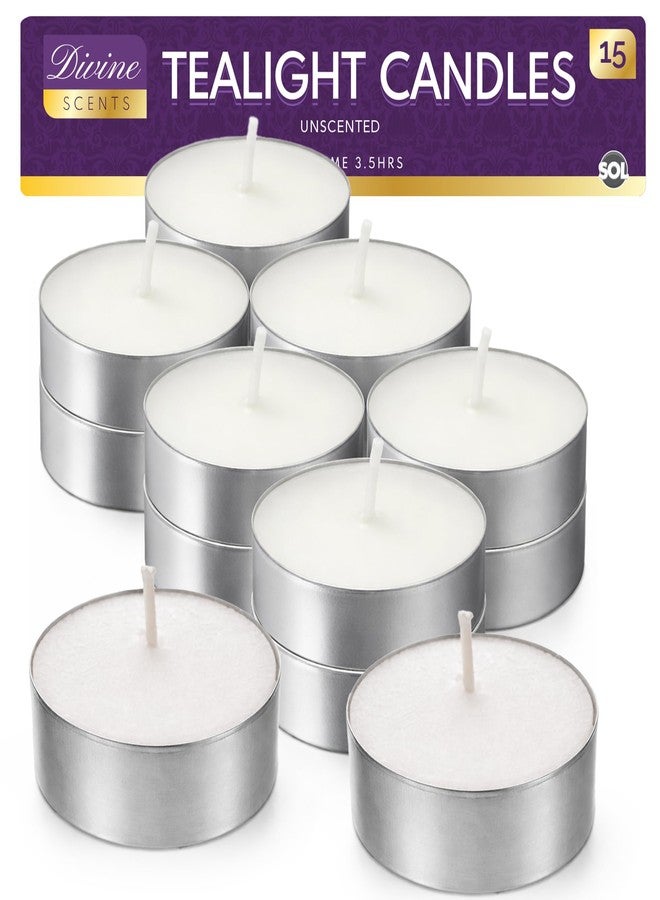 SOL 15pk Tea Lights Candles | Tea Lights for Home Decor, Centerpiece, Special Occasions | 3.5 Hour Tealights | Tealight Candles | Unscented Tealights | Long Burning Tealights | White Tealight Candles - Image 1