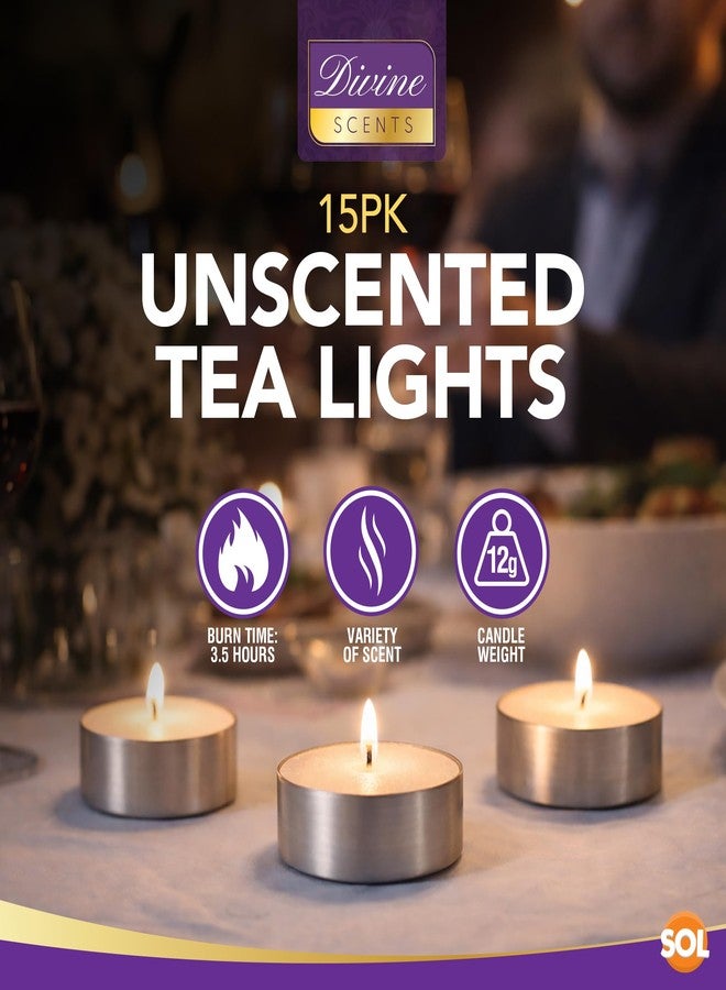 SOL 15pk Tea Lights Candles | Tea Lights for Home Decor, Centerpiece, Special Occasions | 3.5 Hour Tealights | Tealight Candles | Unscented Tealights | Long Burning Tealights | White Tealight Candles - Image 3