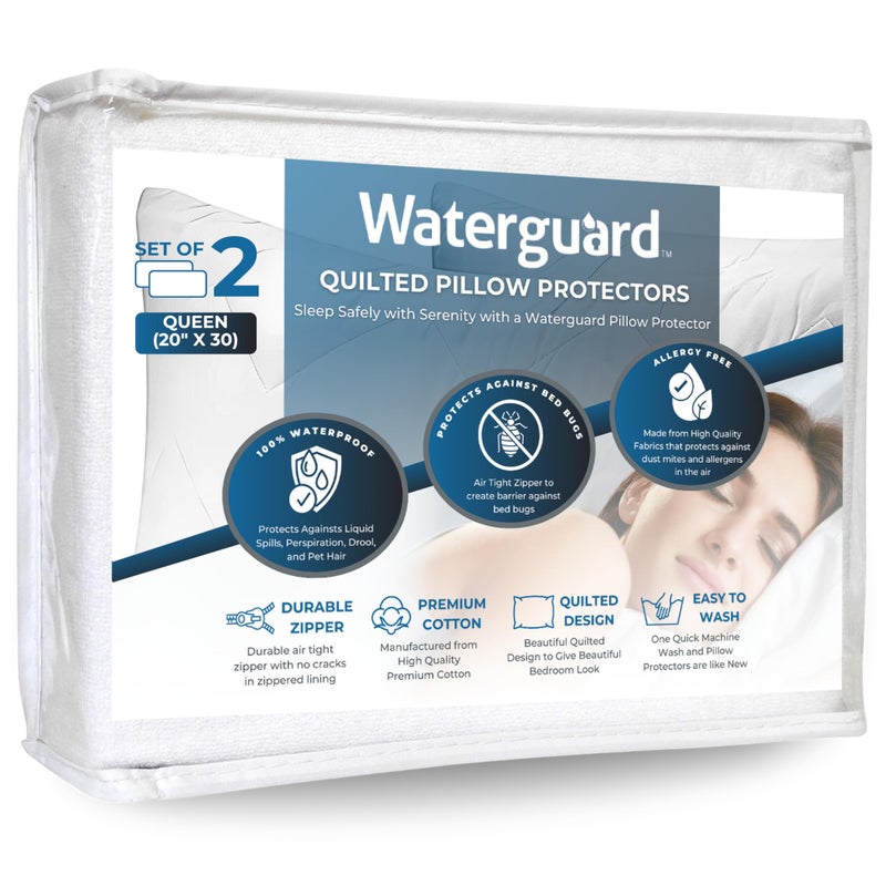 Waterguard حماة الوسائد المقاومة للماء، وسائد مزودة بسحاب، قطن 100%، أغطية وسائد محشوة بالألياف الدقيقة، حجم كوين (20x30) مجموعة من 2 - Image 1