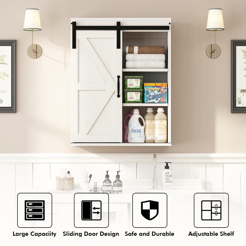 RUSTOWN Farmhouse Wood Wall Storage Bathroom Cabinet with Sliding Barn Door, Rustic Medicine Cabinet with Adjustable Shelf, 3-Tier Vintage Cabinet for Kitchen, Bathroom, Living Room (Vintage White) - Image 5