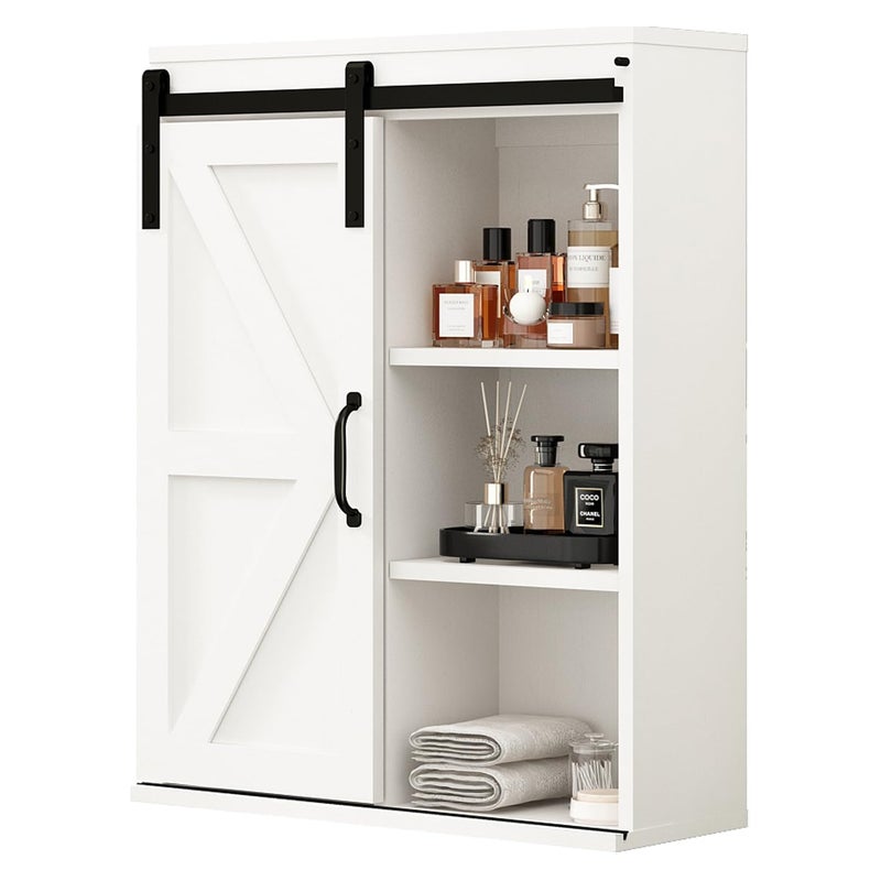 RUSTOWN Farmhouse Wood Wall Storage Bathroom Cabinet with Sliding Barn Door, Rustic Medicine Cabinet with Adjustable Shelf, 3-Tier Vintage Cabinet for Kitchen, Bathroom, Living Room (Vintage White) - Image 1