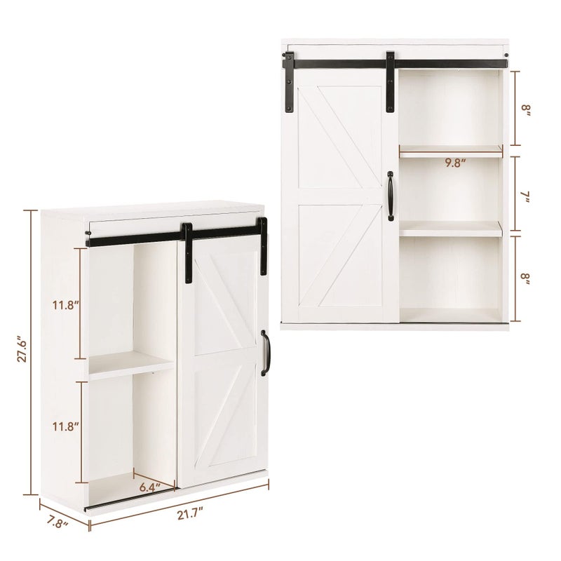 RUSTOWN Farmhouse Wood Wall Storage Bathroom Cabinet with Sliding Barn Door, Rustic Medicine Cabinet with Adjustable Shelf, 3-Tier Vintage Cabinet for Kitchen, Bathroom, Living Room (Vintage White) - Image 3