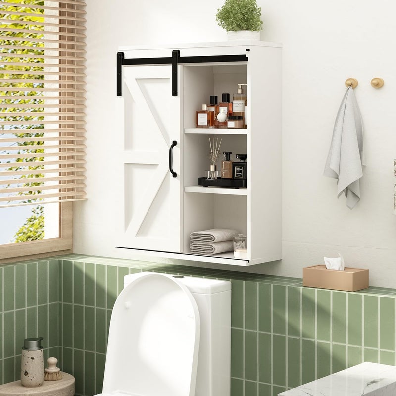 RUSTOWN Farmhouse Wood Wall Storage Bathroom Cabinet with Sliding Barn Door, Rustic Medicine Cabinet with Adjustable Shelf, 3-Tier Vintage Cabinet for Kitchen, Bathroom, Living Room (Vintage White) - Image 4