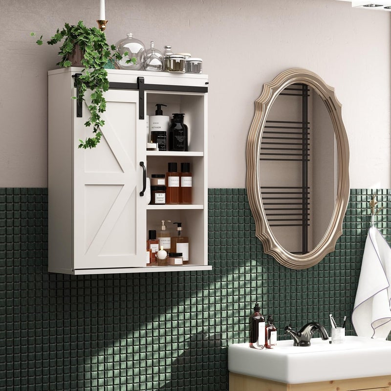 RUSTOWN Farmhouse Wood Wall Storage Bathroom Cabinet with Sliding Barn Door, Rustic Medicine Cabinet with Adjustable Shelf, 3-Tier Vintage Cabinet for Kitchen, Bathroom, Living Room (Vintage White) - Image 2