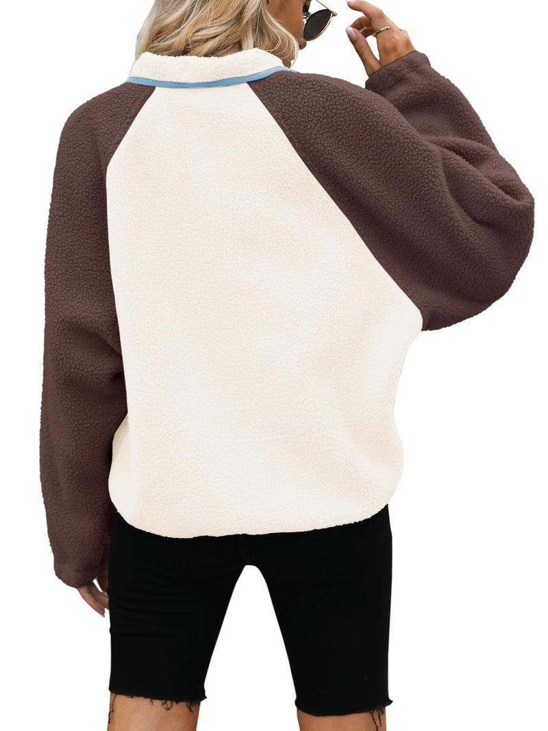 Yanekop Fleece Jacket Women Button Down Sherpa Jacket Christmas Sweaters Fuzzy Outerwear Cropped Jacket with Pockets(B Brown Light Blue,M) - Image 4
