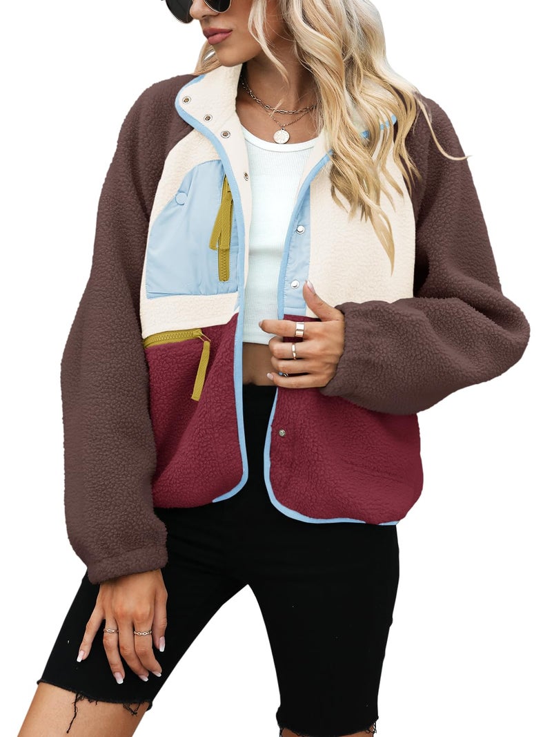 Yanekop Fleece Jacket Women Button Down Sherpa Jacket Christmas Sweaters Fuzzy Outerwear Cropped Jacket with Pockets(B Brown Light Blue,M) - Image 2