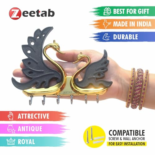 Zeetab Two Swan (Hans) Key Holder, Love Bird Key Stand with 6 Hook, Full Metal Wall Mount Hanger, Home Decor Gift (Gold Black) - Image 3