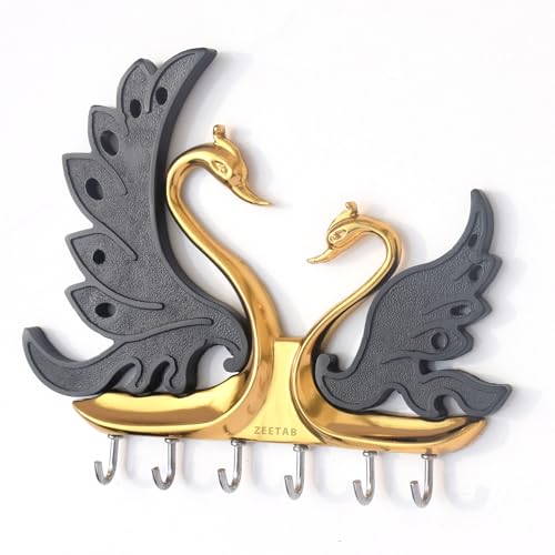 Zeetab Two Swan (Hans) Key Holder, Love Bird Key Stand with 6 Hook, Full Metal Wall Mount Hanger, Home Decor Gift (Gold Black) - Image 1