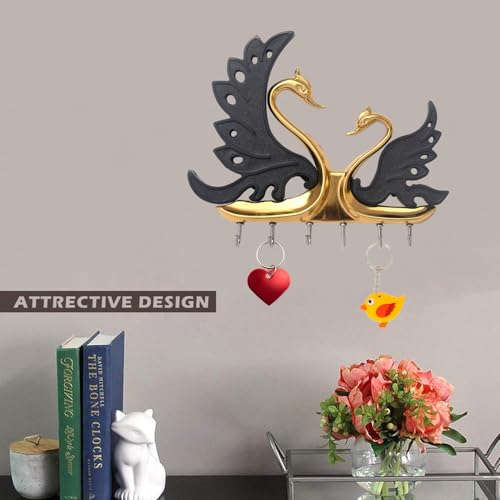 Zeetab Two Swan (Hans) Key Holder, Love Bird Key Stand with 6 Hook, Full Metal Wall Mount Hanger, Home Decor Gift (Gold Black) - Image 4