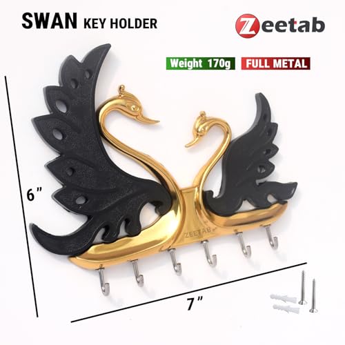 Zeetab Two Swan (Hans) Key Holder, Love Bird Key Stand with 6 Hook, Full Metal Wall Mount Hanger, Home Decor Gift (Gold Black) - Image 2
