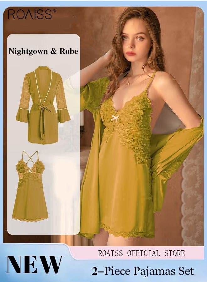 roaiss 2-Piece Set of Women Pajamas with V-Neck Design Women Home Wear Set Same Color Outer Robe and Lace Element Nightgown - Image 1