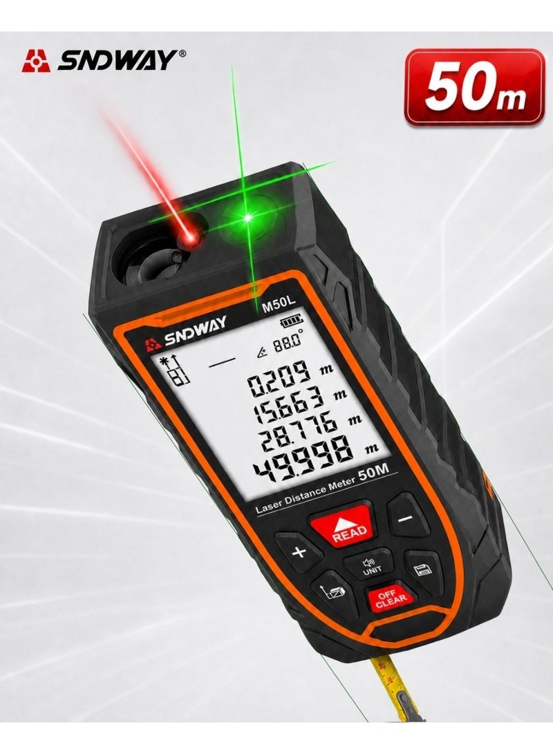 SNDWAY M50L 50M Laser Distance Meter with Cross Line Laser and Tape Measure, Backlit LCD, Rechargeable - Image 2