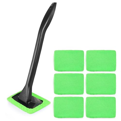 Ceuissp 6PCS Windshield Cleaning Tool Car Window Cleaner with 5 Reusable and Washable Microfiber Pads and Extendable Handle Auto Inside Glass Wiper Kit Green Green - Image 1