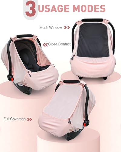 beatoutou Baby Car Seat CoverSunproof Car Seat Canopy for Babies Extra Large Mesh Window Baby Car Seat Sun Shade Cover Infant Carseat Covers for SummerAutumn UsePink - Image 3
