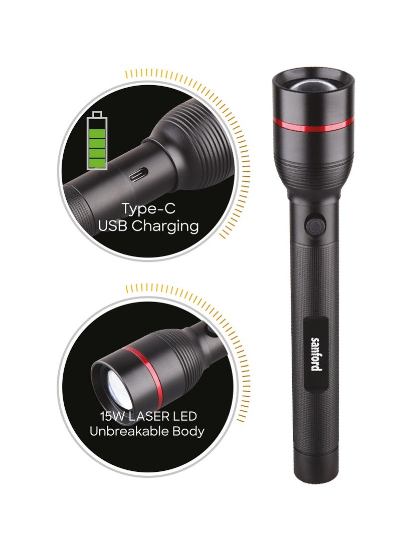 Sanford SPECTRA Rechargeable LED Searchlight, 1300 Lumens, 15W Laser LED, 6000mAh Battery, 2200m Range, Zoom Function, 5 Modes, USB-C Charging, Unbreakable Body - Image 2