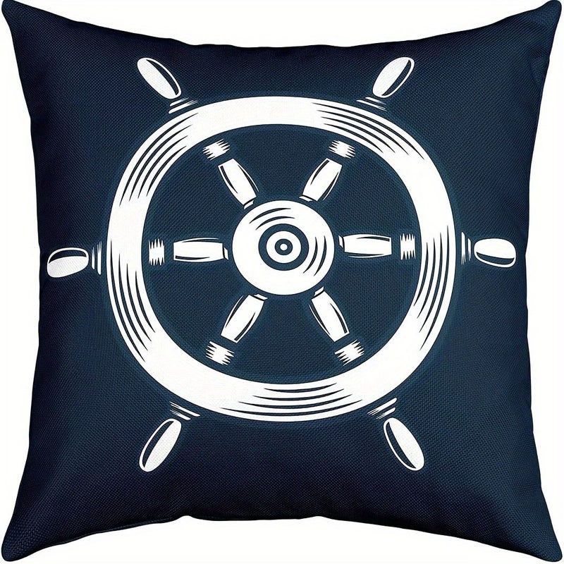 Linen Nautical Rudder Throw Pillow Cover 18x18 Inches Machine Washable Cushion Case Single Sided Print - Image 1