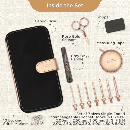 KnitPro Oasis Starter Crochet Hook Set 1 Wooden Handle 7 Hooks in Sizes 2mm to 5mm 1 Rose Gold Scissors 1 Tape Measure 10 Metal Locking Stitch Markers 1 Gripper - Image 3