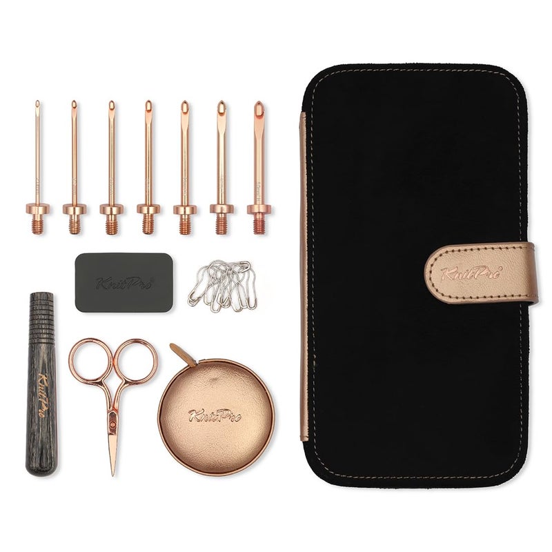KnitPro Oasis Starter Crochet Hook Set 1 Wooden Handle 7 Hooks in Sizes 2mm to 5mm 1 Rose Gold Scissors 1 Tape Measure 10 Metal Locking Stitch Markers 1 Gripper - Image 2