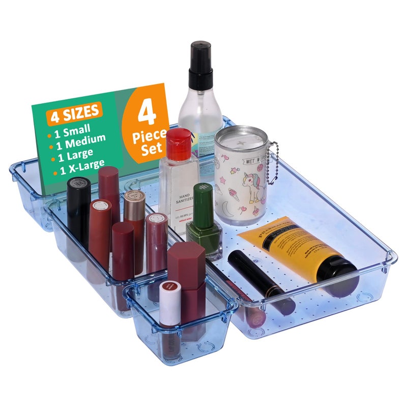 Kuber Industries Kuber Industries 4 Pcs Acrylic Transparent Cosmetic Organizer Tray | Drawers Organisers for Kitchen, Office and Bathroom Vanity Makeup | Stationery Storage Drawer Divider Tray | Sea Blue  - Image 1