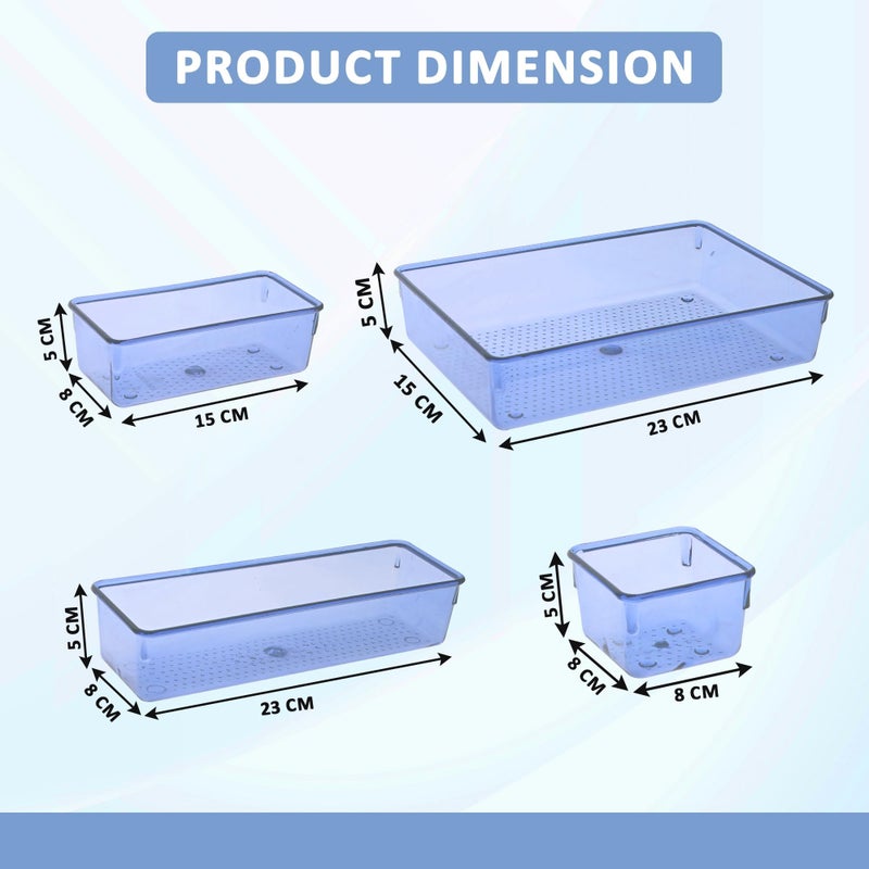 Kuber Industries Kuber Industries 4 Pcs Acrylic Transparent Cosmetic Organizer Tray | Drawers Organisers for Kitchen, Office and Bathroom Vanity Makeup | Stationery Storage Drawer Divider Tray | Sea Blue  - Image 3