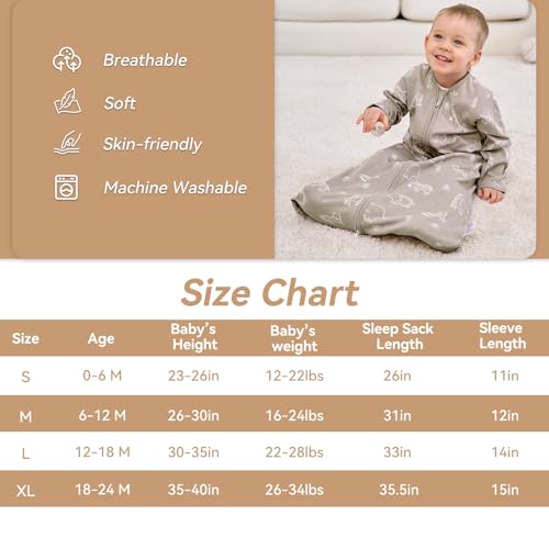 FIEMOL Baby Sleep Sack 6-12 Months, Long Sleeve Baby Wearable Blanket 0.5 Tog with Mittens, 2-Way Zipper Infant Cotton Sleeping Sack for Boy and Girl Grey Elephant 2 Pack (Medium) - Image 4