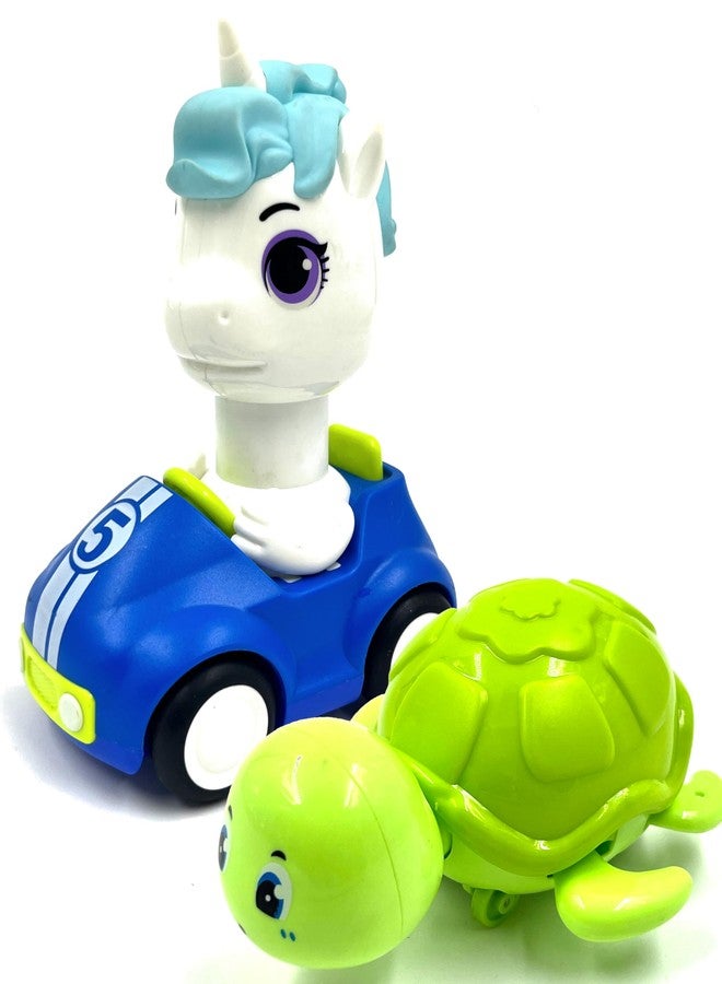 Toy Star Unicorn Press and Go & Crawling Turtle Toy Set for 1 2 3 4 Year Old Boy Girl, Uni'con Car for Baby, Kids, Birthday Gift (Pack of 2) - Image 1