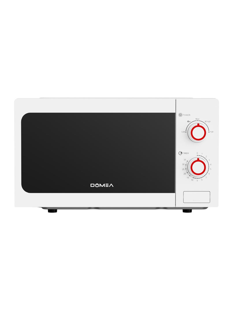 DOMEA Microwave Oven, 20L, 700W, 5 Power Levels (Defrost/Reheating), 35-Min Timer, 255mm Turntable for Even Heating, 2 Chrome Knobs, Easy-Clean Interior, White (KMO311) - Image 1